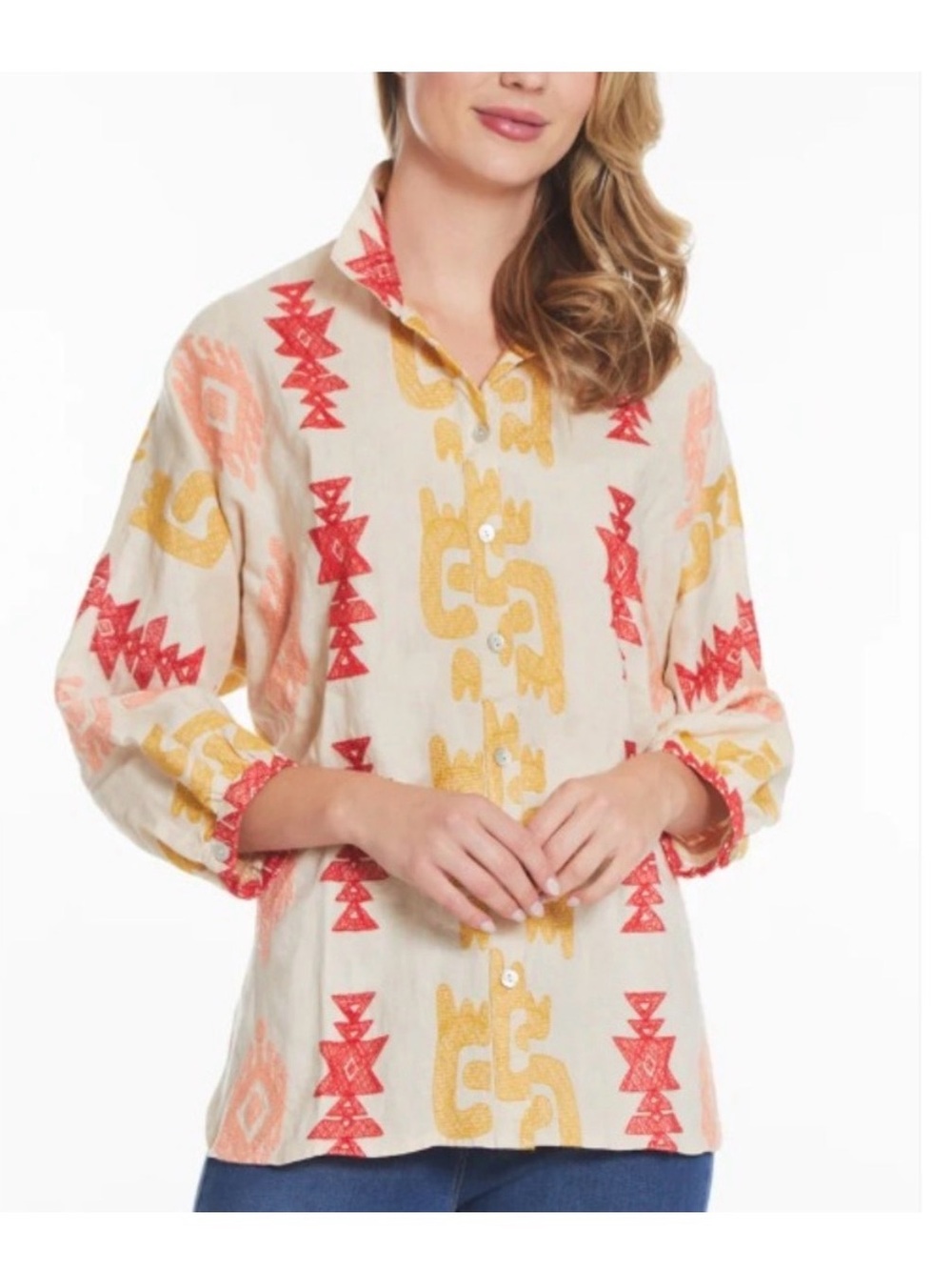John Mark Cream Button-Front Blouse with Red, Gold & Pink Aztec Print